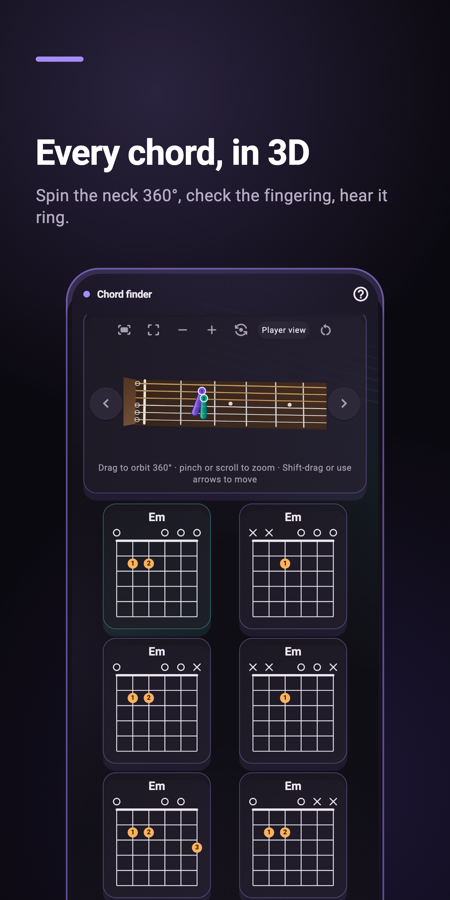 3D guitar chord finder showing a voicing on the neck