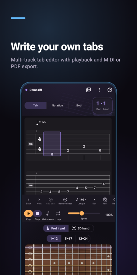 Guitar tab editor with tablature and playback
