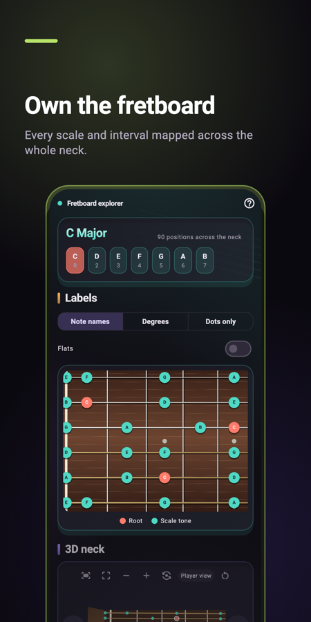 Guitar fretboard trainer with notes mapped on the neck